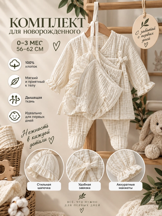 Комплект для новорождённого Tiffany Baby, 100% хлопок, муслиновый - 