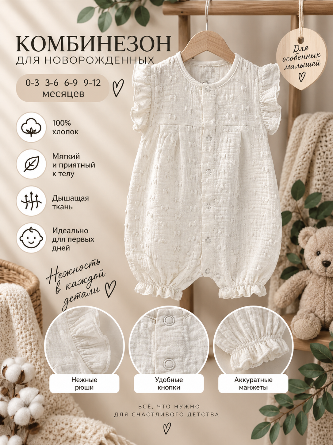 Муслиновый комбинезон для малышки Tiffany Baby, 100% хлопок, молочно-белый - 