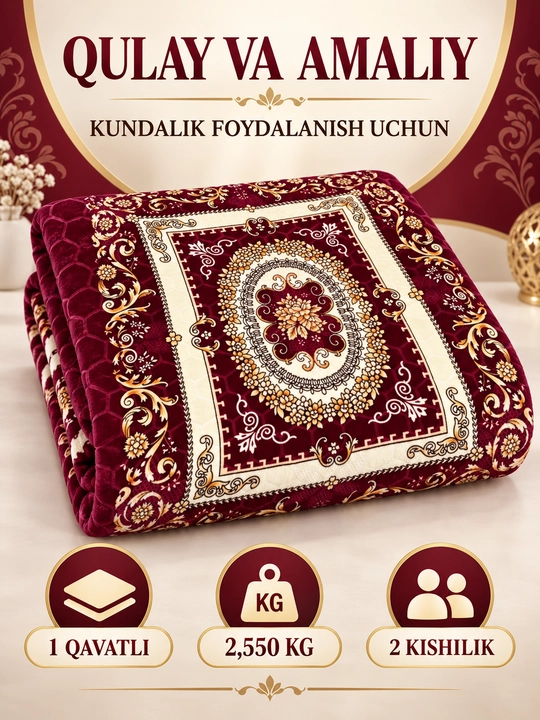 Adyol, 2 kishilik issiq, 1 qavatli 200×220 sm, 2,5 kg — uy va yotoqxona uchun qalin ko‘rpa