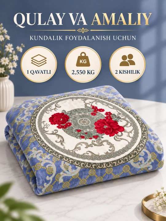 Adyol, 2 kishilik issiq, 1 qavatli 200×220 sm, 2,5 kg — uy va yotoqxona uchun qalin ko‘rpa