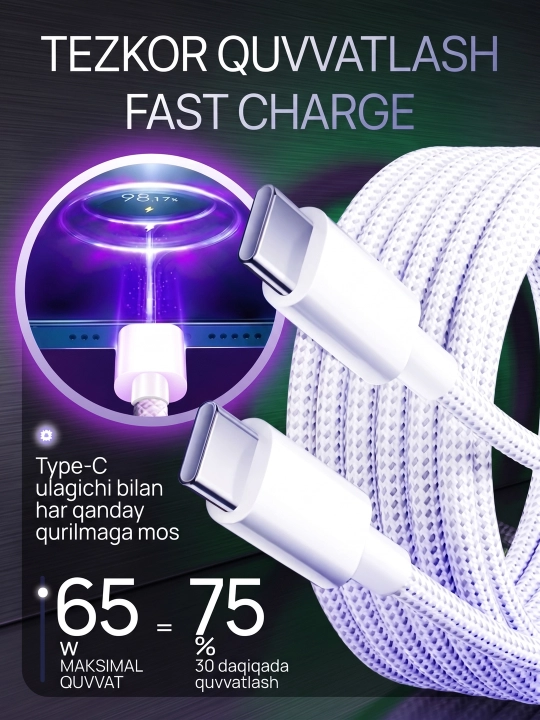Кабель Type-C на Type-C для iPhone и Android, 60W
