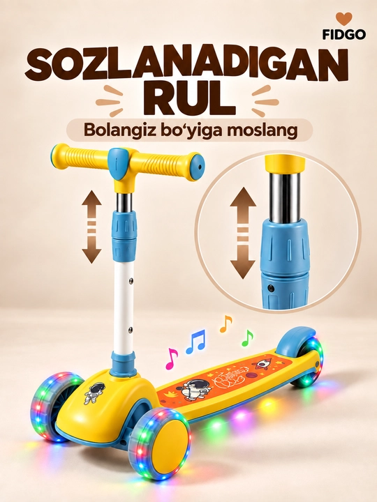 FIDGO bolalar samokati, uch g‘ildirakli, yoritish va sozlanadigan rul bilan