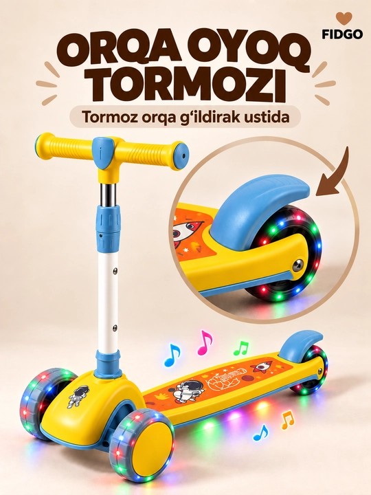 FIDGO bolalar samokati, uch g‘ildirakli, yoritish va sozlanadigan rul bilan