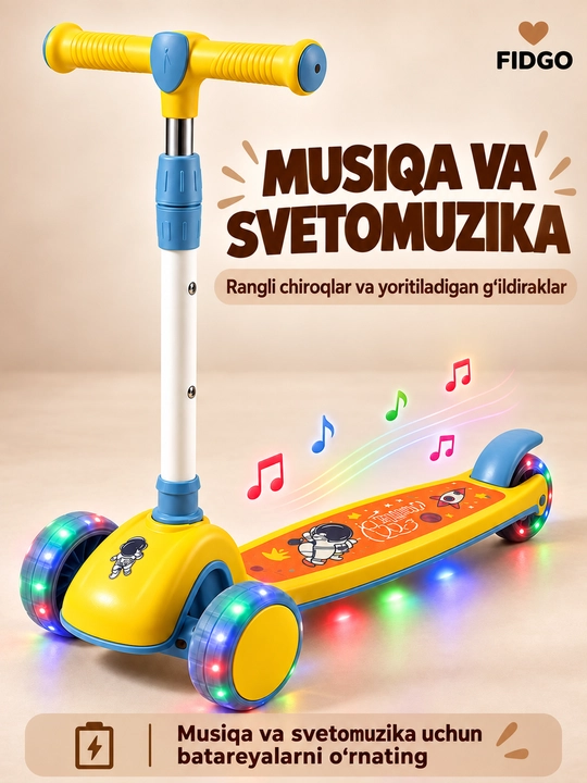 FIDGO bolalar samokati, uch g‘ildirakli, yoritish va sozlanadigan rul bilan