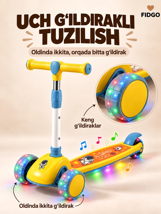 FIDGO bolalar samokati, uch g‘ildirakli, yoritish va sozlanadigan rul bilan