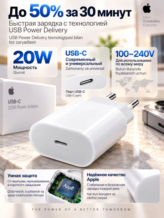 Сетевое зарядное устройство Apple 20W USB-C Power Adapter, оригинальное, с гарантией