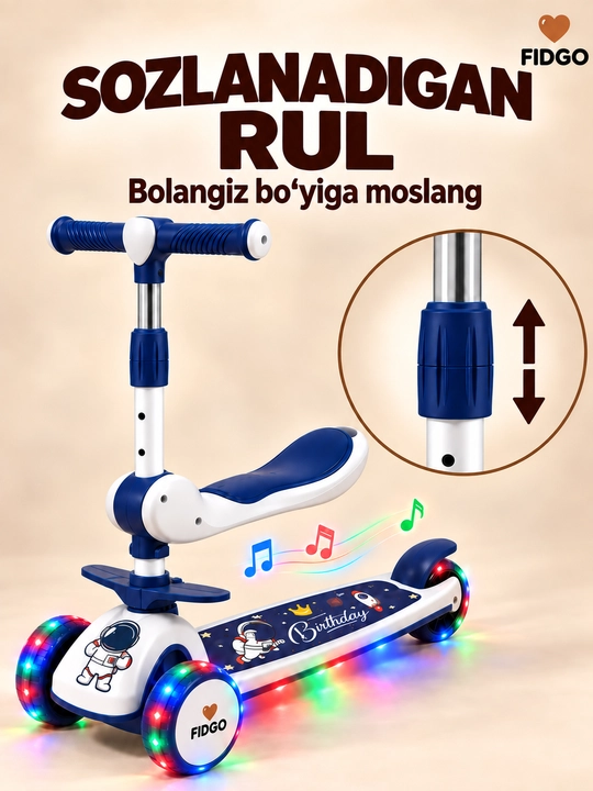 FIDGO bolalar samokati, uch g‘ildirakli, yoritish va sozlanadigan rul bilan