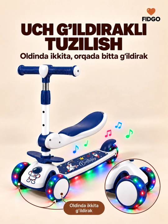 FIDGO bolalar samokati, uch g‘ildirakli, yoritish va sozlanadigan rul bilan