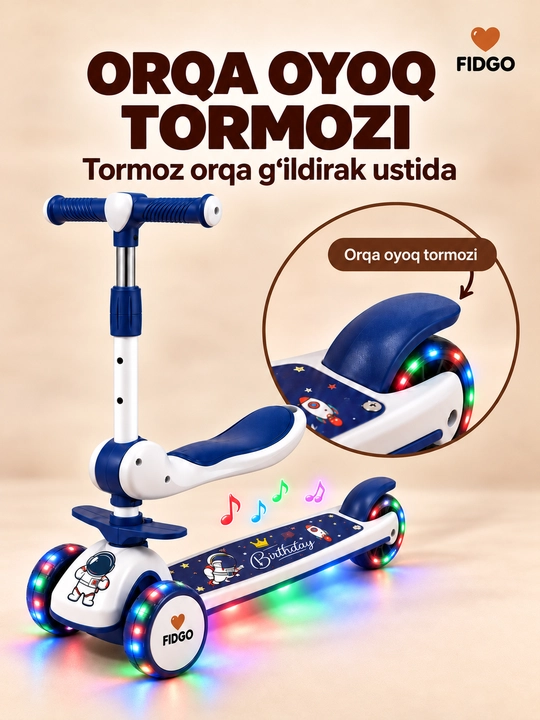 FIDGO bolalar samokati, uch g‘ildirakli, yoritish va sozlanadigan rul bilan