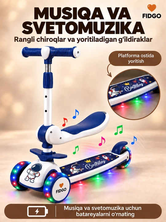FIDGO bolalar samokati, uch g‘ildirakli, yoritish va sozlanadigan rul bilan