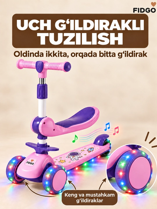 FIDGO bolalar samokati, uch g‘ildirakli, yoritish va sozlanadigan rul bilan