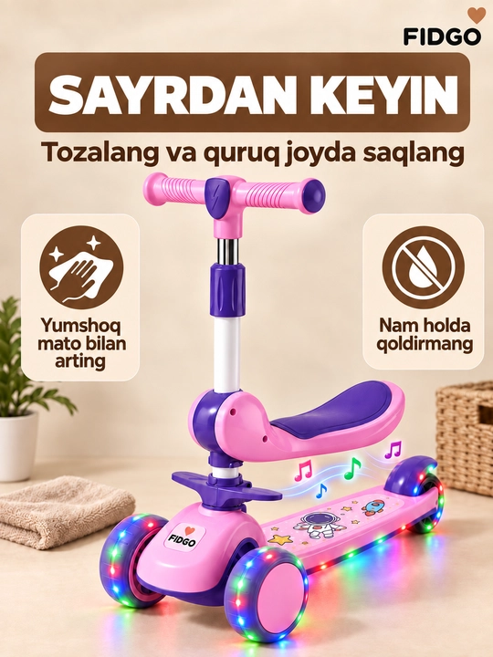 FIDGO bolalar samokati, uch g‘ildirakli, yoritish va sozlanadigan rul bilan