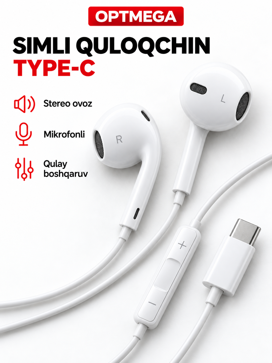 IPhone uchun simli quloqchinlar, (Pop-UP) mikrofon bilan, Lightning, Type-c,3.5mm Aux