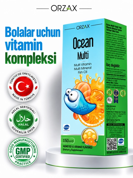OCEAN Multi Syrup — multivitaminlar, minerallar va baliq yog‘i, 150 ml, Halol - 
