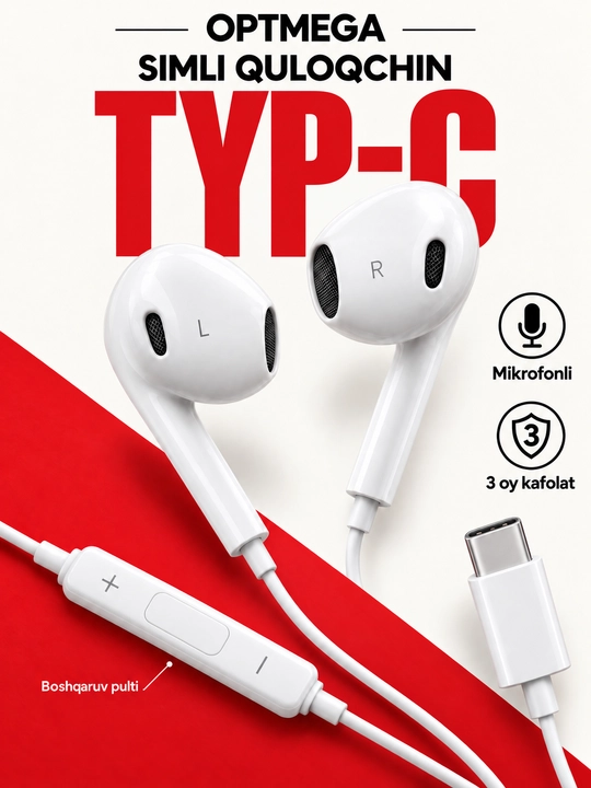 IPhone uchun simli quloqchinlar, (Pop-UP) mikrofon bilan, Lightning, Type-c,3.5mm Aux