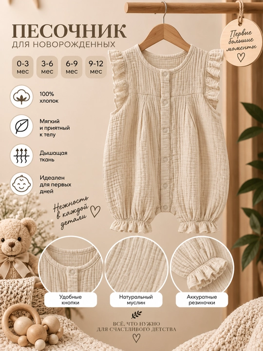 Муслиновый песочник для девочки Tiffany Baby, 100% хлопок, молочный, с рукавами-крылышками - 