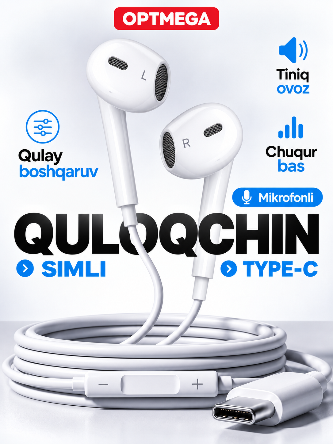IPhone uchun simli quloqchinlar, (Pop-UP) mikrofon bilan, Lightning, Type-c,3.5mm Aux