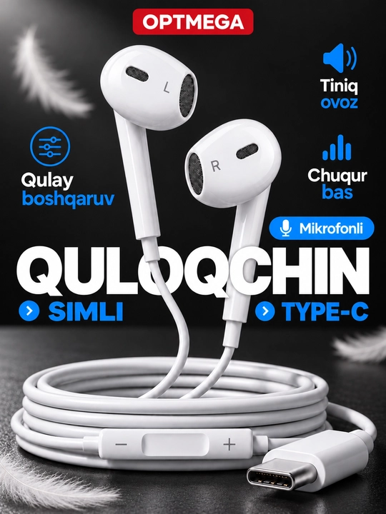 IPhone uchun simli quloqchinlar, (Pop-UP) mikrofon bilan, Lightning, Type-c,3.5mm Aux