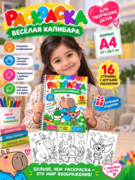 Раскраска для детей «Весёлая капибара» — Капибара и Гусь, весёлые животные