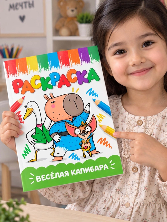 Раскраска для детей «Весёлая капибара» — Капибара и Гусь, весёлые животные - 