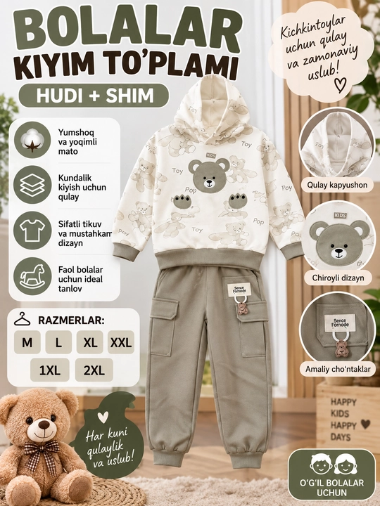 O‘g‘il bolalar kostyumi, huddi va shim, yumshoq to‘plam, M–2XL o‘lcham, ayiqcha, zamonaviy - 
