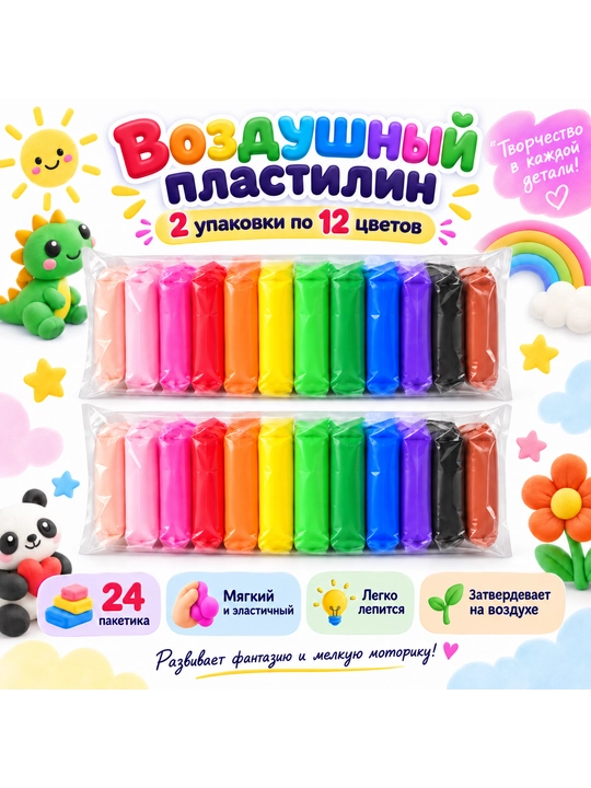 Воздушный пластилин 12 цветов, 2 упаковки, для детского творчества - 