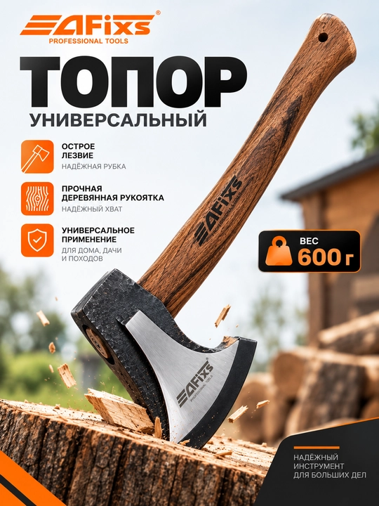 Универсальный топор AFIXS 600 г с деревянной рукояткой - 