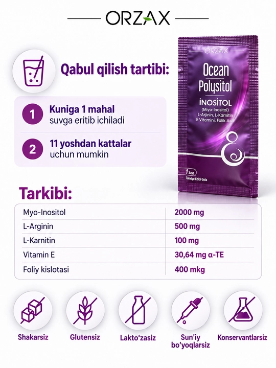 Ocean Inozitol— Polysitol , gormonal balans va fertilitet uchun, №30, Halol