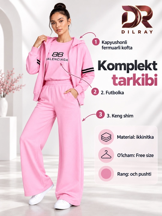 Ayollar uchun uch qismli sport kostyumi, kapyushonli kofta, futbolka va shim