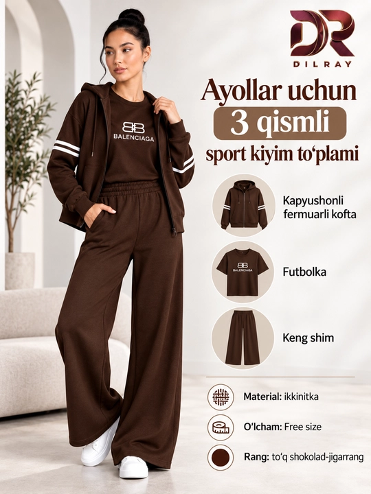 Ayollar uchun uch qismli sport kostyumi, kapyushonli kofta, futbolka va shim - 