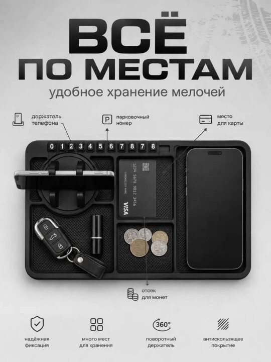 Автомобильный держатель для телефона и планшета 360° с антискользящим ковриком