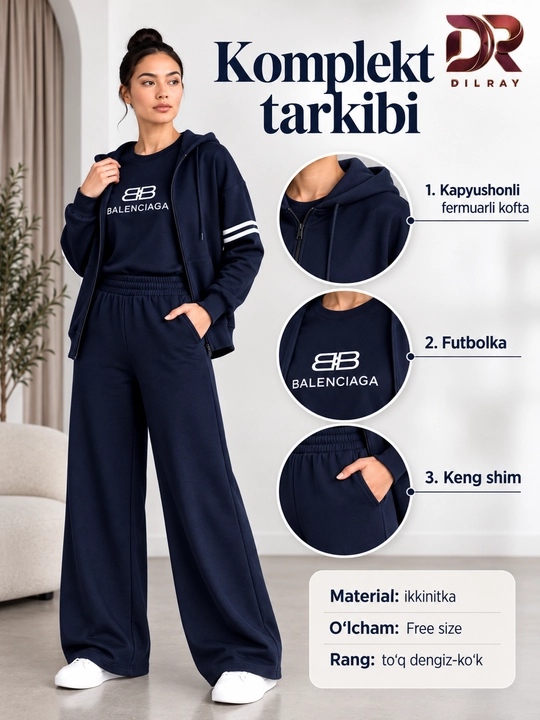 Ayollar uchun uch qismli sport kostyumi, kapyushonli kofta, futbolka va shim