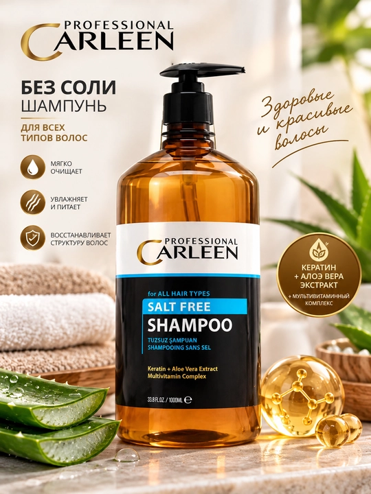 CARLEEN Professional Tuzsiz Shampun – Barcha Soch Turlari Uchun, Keratin va Aloe Vera - 