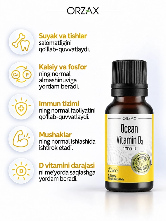 OCEAN Vitamin D3 — 1000 IU, zaytun moyi asosida, sprey/tomchi, 20 ml, Halol
