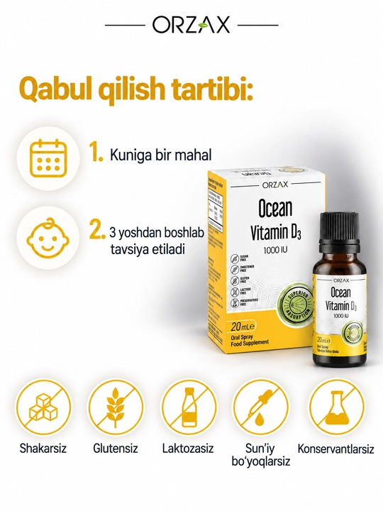 OCEAN Vitamin D3 — 1000 IU, zaytun moyi asosida, sprey/tomchi, 20 ml, Halol