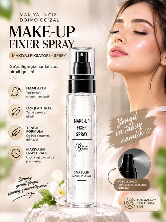 Makiyaj fiksator - spreyi, namlaydi, oziqlantiradi, yengil formula