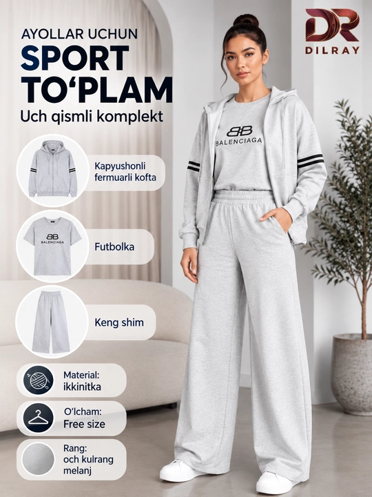Ayollar uchun uch qismli sport kostyumi, kapyushonli kofta, futbolka va shim