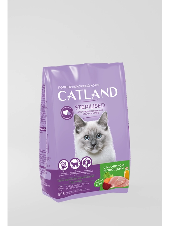 Sterillangan mushuklar uchun Catland quruq ozuqasi, quyon va sabzavotlar bilan