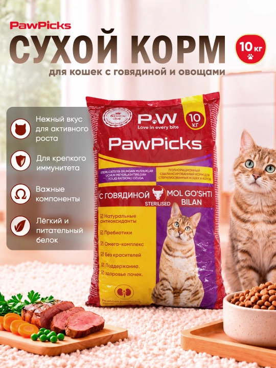 Paw Picks Premium Stirelesed сухой корм для кошек с говядиной и овощами 10 кг