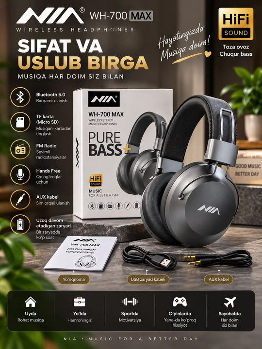 NIA WH700 Bluetooth беспроводные наушники с микрофоном, TF картой для музыки - 