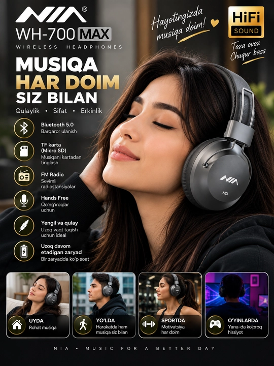 NIA WH700 Bluetooth беспроводные наушники с микрофоном, TF картой для музыки