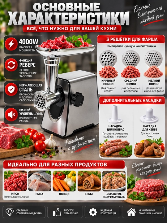 Электрическая мясорубка, с реверсом