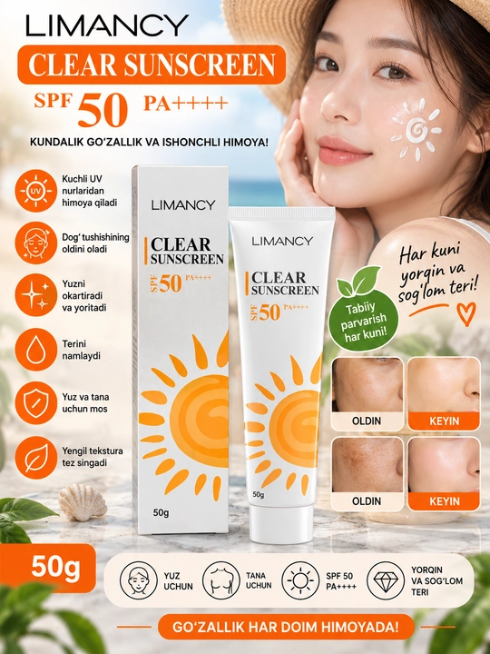 LIMANCY Clear Sunscreen SPF 50 PA++++ yuz tana uchun kundalik quyoshdan himoya kremi 50 gr - 