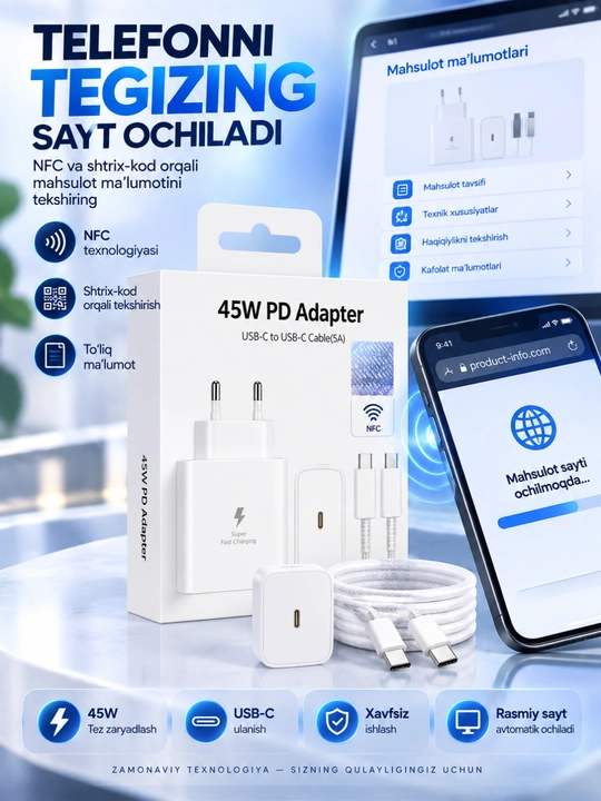 45W PD Adapter USB-C tez zaryadlovchi va 5A USB-C kabel NFC funksiyali qulay to‘plami - 