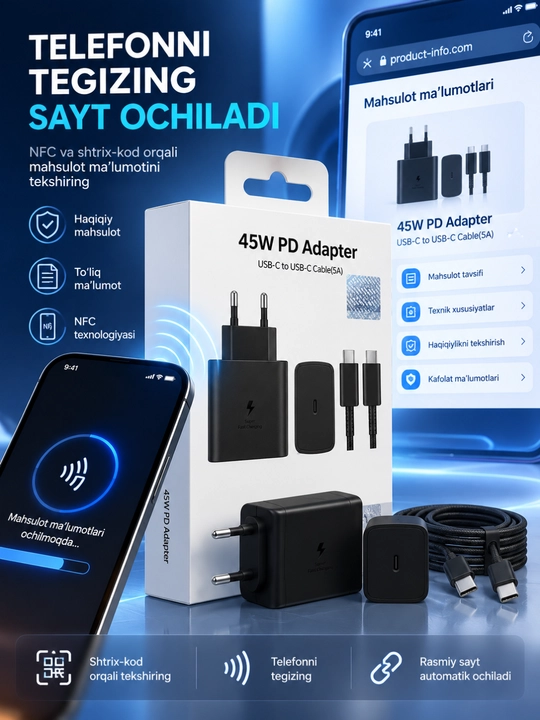 45W PD Adapter USB-C tez zaryadlovchi va 5A USB-C kabel NFC funksiyali qulay to‘plami - 