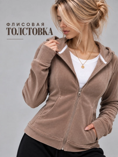 Женская флисовая толстовка на молнии с капюшоном - 