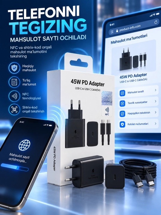 45W PD Adapter USB-C быстрая зарядка и кабель USB-C 5A с NFC в комплекте для телефона - 