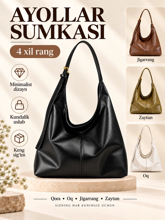 Ayollar sumkasi, yelkaga taqiladigan katta sig'imli kundalik hobo-sumka - 