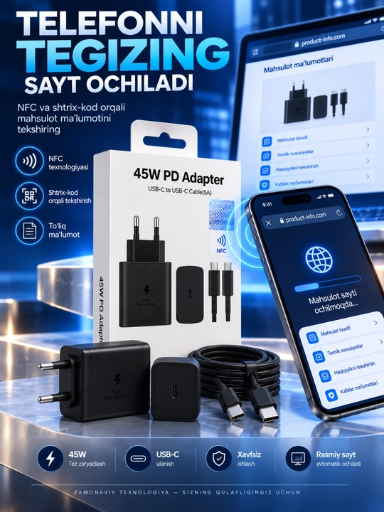45W PD Adapter USB-C tez zaryadlovchi va 5A USB-C kabel NFC funksiyali qulay to‘plami - 