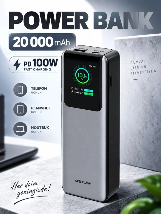 Внешний аккумулятор 20000/25000 мАч 100Вт/165Вт,  с быстрой зарядкой USB-C PD